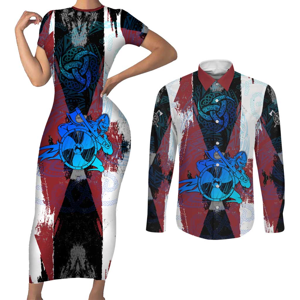 Vikings Warrior Couples Matching Short Sleeve Bodycon Dress and Long Sleeve Button Shirt with Shield, Axes and Nordic Pattern Norse Heritage Tribute - Wonder Print Shop