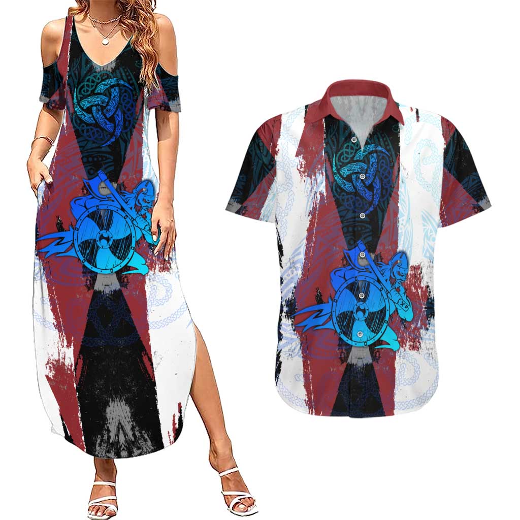 Vikings Warrior Couples Matching Summer Maxi Dress and Hawaiian Shirt with Shield, Axes and Nordic Pattern Norse Heritage Tribute - Wonder Print Shop