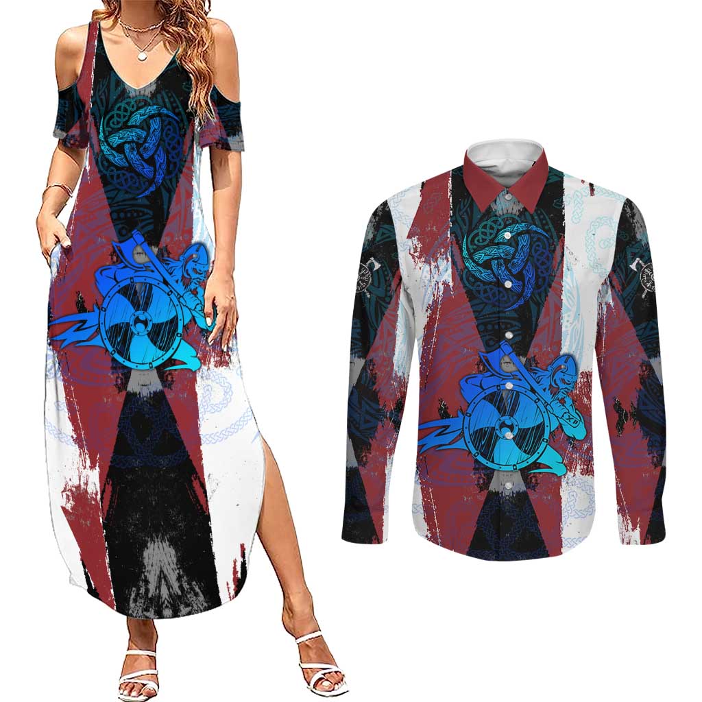 Vikings Warrior Couples Matching Summer Maxi Dress and Long Sleeve Button Shirt with Shield, Axes and Nordic Pattern Norse Heritage Tribute - Wonder Print Shop