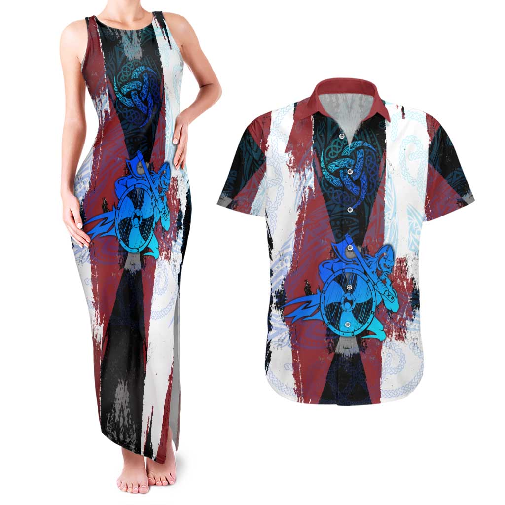 Vikings Warrior Couples Matching Tank Maxi Dress and Hawaiian Shirt with Shield, Axes and Nordic Pattern Norse Heritage Tribute - Wonder Print Shop