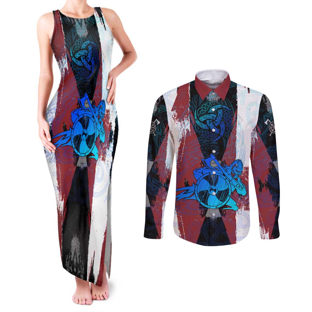 Vikings Warrior Couples Matching Tank Maxi Dress and Long Sleeve Button Shirt with Shield, Axes and Nordic Pattern Norse Heritage Tribute - Wonder Print Shop