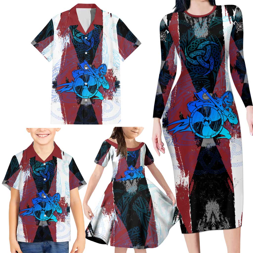 Vikings Warrior Family Matching Long Sleeve Bodycon Dress and Hawaiian Shirt with Shield, Axes and Nordic Pattern Norse Heritage Tribute - Wonder Print Shop