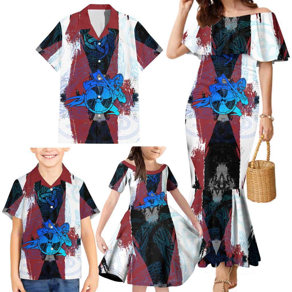 Vikings Warrior Family Matching Mermaid Dress and Hawaiian Shirt with Shield, Axes and Nordic Pattern Norse Heritage Tribute - Wonder Print Shop