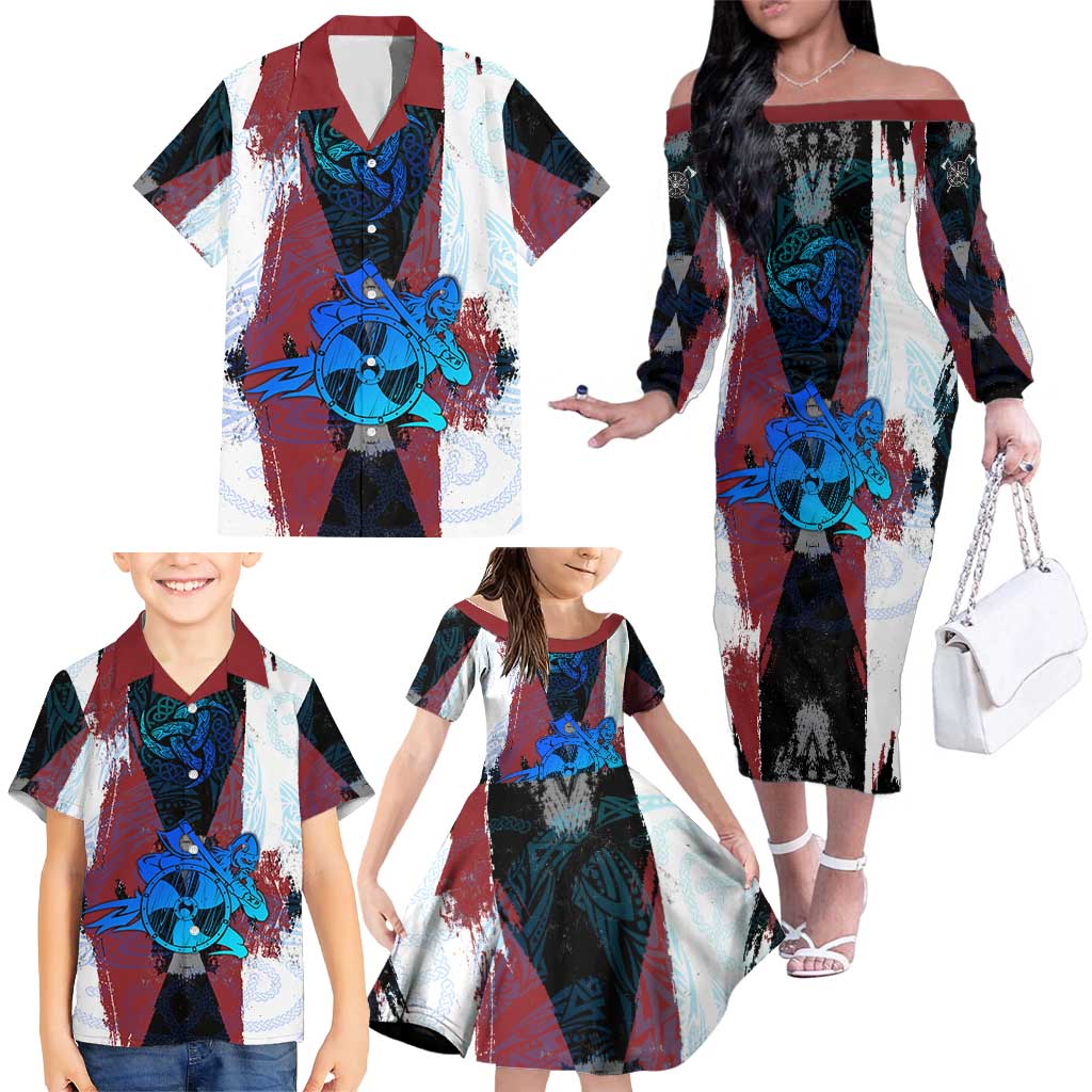 Vikings Warrior Family Matching Off The Shoulder Long Sleeve Dress and Hawaiian Shirt with Shield, Axes and Nordic Pattern Norse Heritage Tribute - Wonder Print Shop