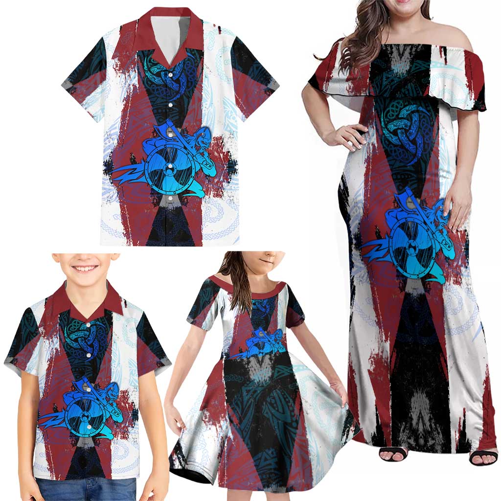 Vikings Warrior Family Matching Off Shoulder Maxi Dress and Hawaiian Shirt with Shield, Axes and Nordic Pattern Norse Heritage Tribute - Wonder Print Shop