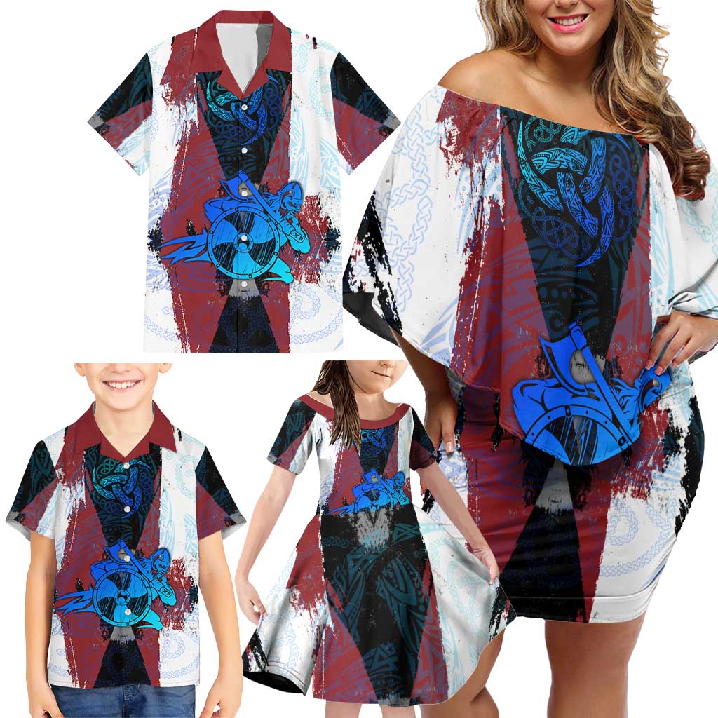 Vikings Warrior Family Matching Off Shoulder Short Dress and Hawaiian Shirt with Shield, Axes and Nordic Pattern Norse Heritage Tribute - Wonder Print Shop