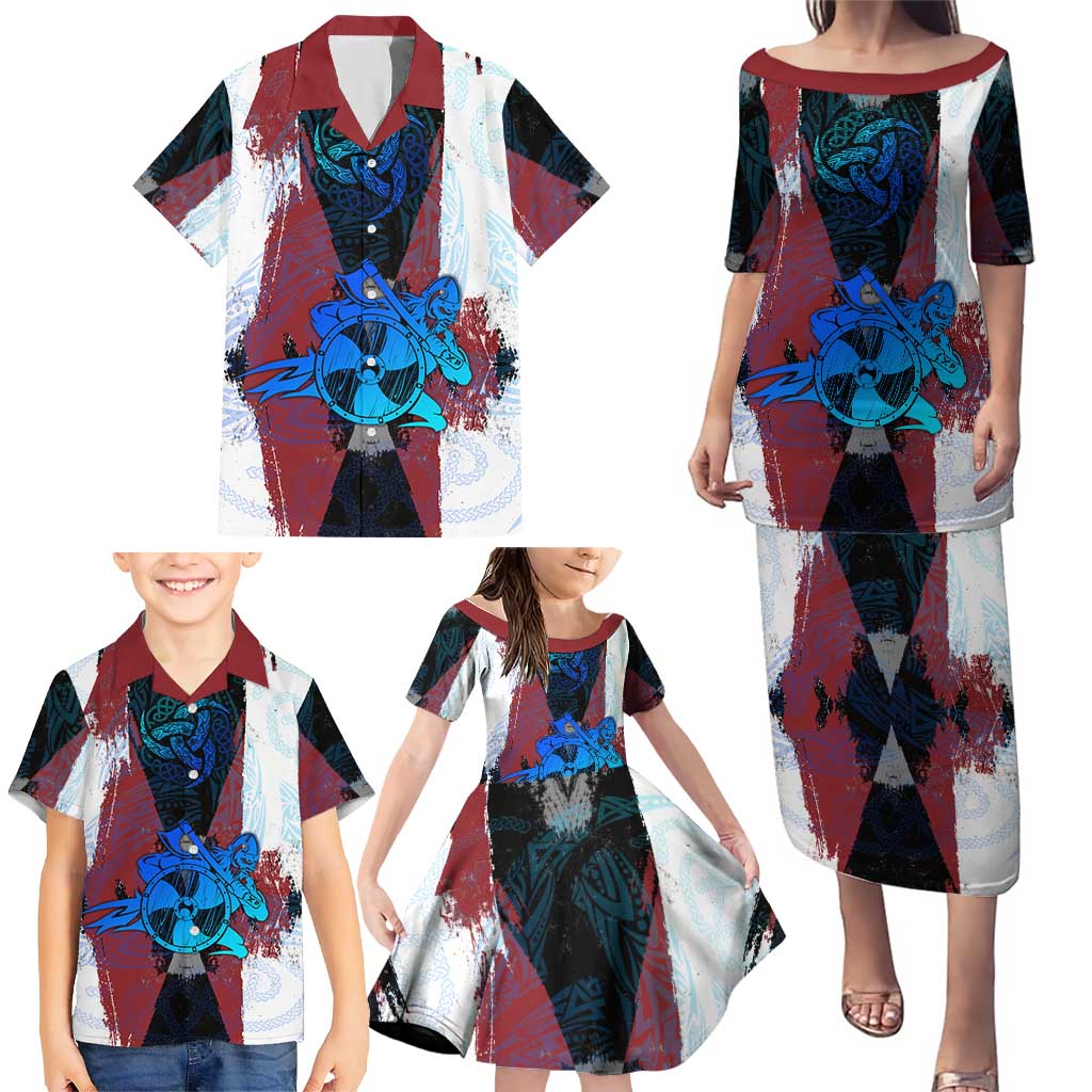 Vikings Warrior Family Matching Puletasi and Hawaiian Shirt with Shield, Axes and Nordic Pattern Norse Heritage Tribute - Wonder Print Shop
