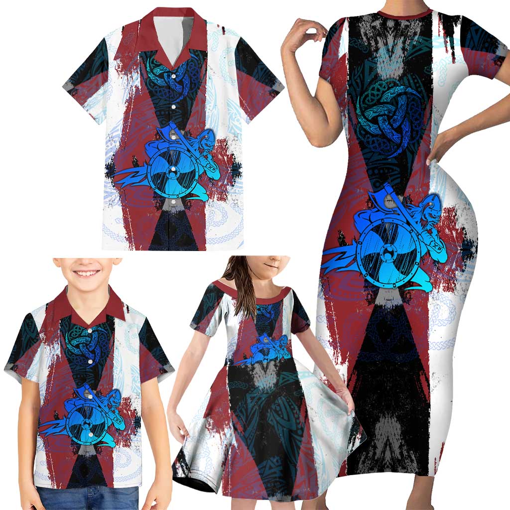 Vikings Warrior Family Matching Short Sleeve Bodycon Dress and Hawaiian Shirt with Shield, Axes and Nordic Pattern Norse Heritage Tribute - Wonder Print Shop