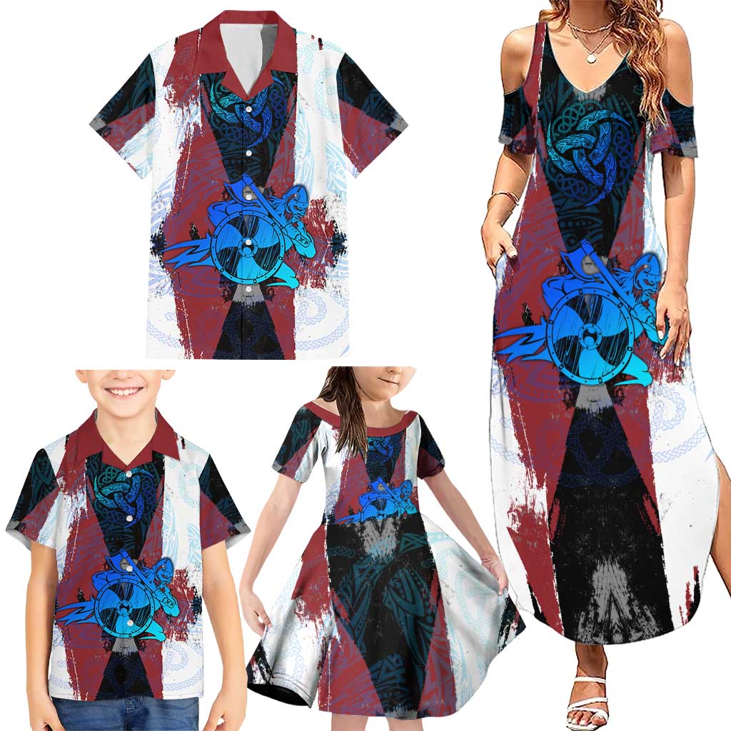 Vikings Warrior Family Matching Summer Maxi Dress and Hawaiian Shirt with Shield, Axes and Nordic Pattern Norse Heritage Tribute - Wonder Print Shop