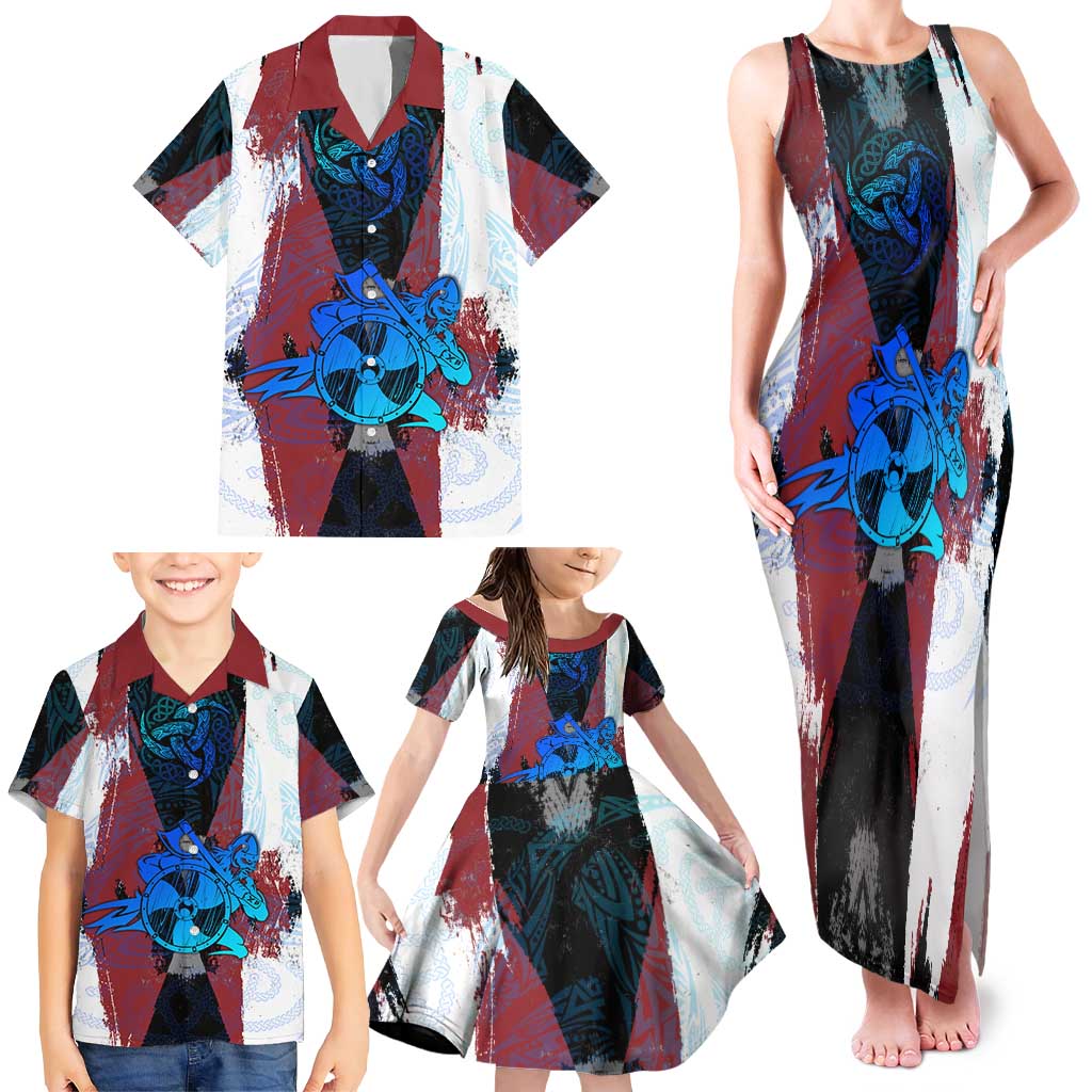 Vikings Warrior Family Matching Tank Maxi Dress and Hawaiian Shirt with Shield, Axes and Nordic Pattern Norse Heritage Tribute - Wonder Print Shop