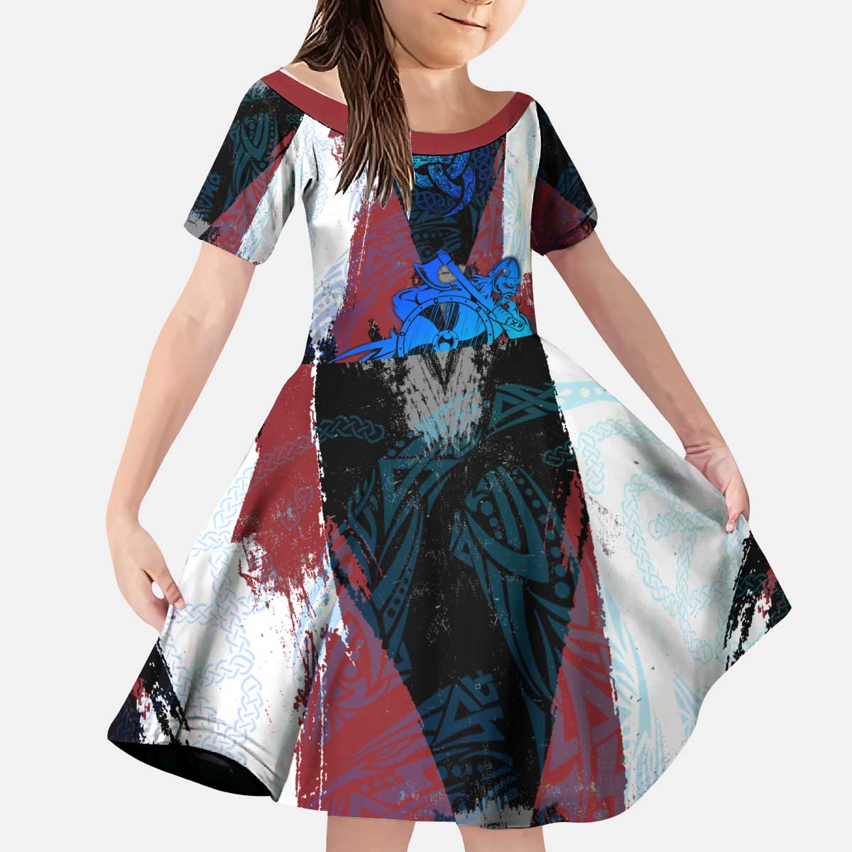 Vikings Warrior Kid Short Sleeve Dress with Shield, Axes and Nordic Pattern Norse Heritage Tribute - Wonder Print Shop