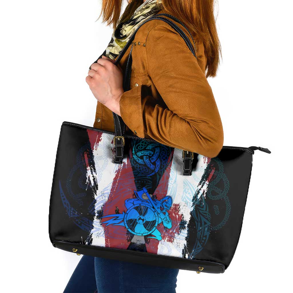 Vikings Warrior Leather Tote Bag with Shield, Axes and Nordic Pattern Norse Heritage Tribute - Wonder Print Shop