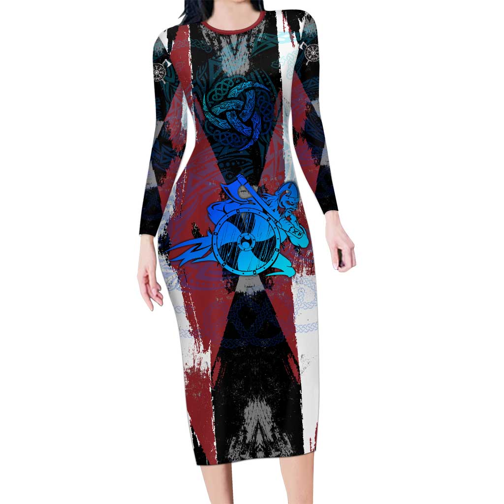 Vikings Warrior Long Sleeve Bodycon Dress with Shield, Axes and Nordic Pattern Norse Heritage Tribute - Wonder Print Shop