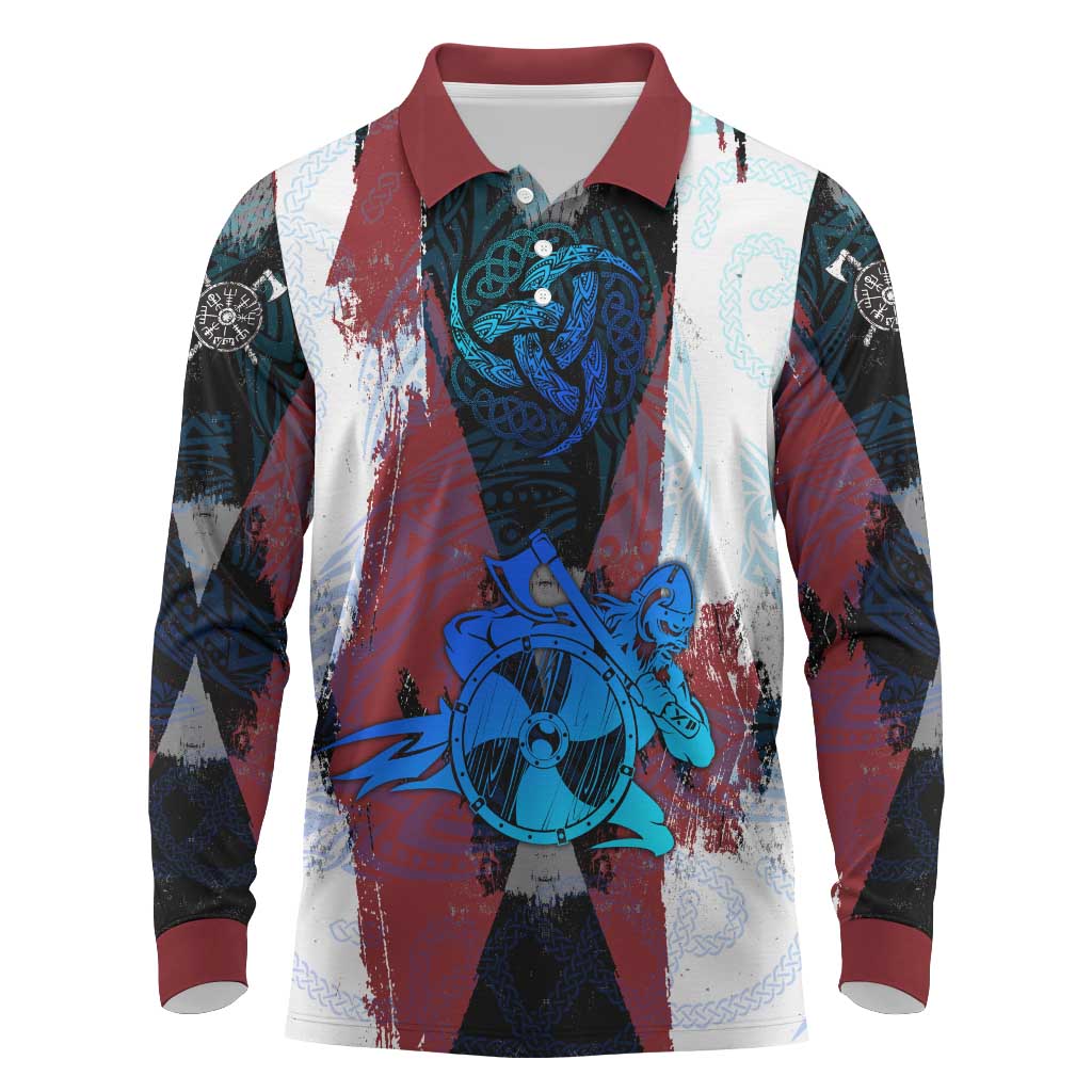 Vikings Warrior Long Sleeve Polo Shirt with Shield, Axes and Nordic Pattern Norse Heritage Tribute - Wonder Print Shop