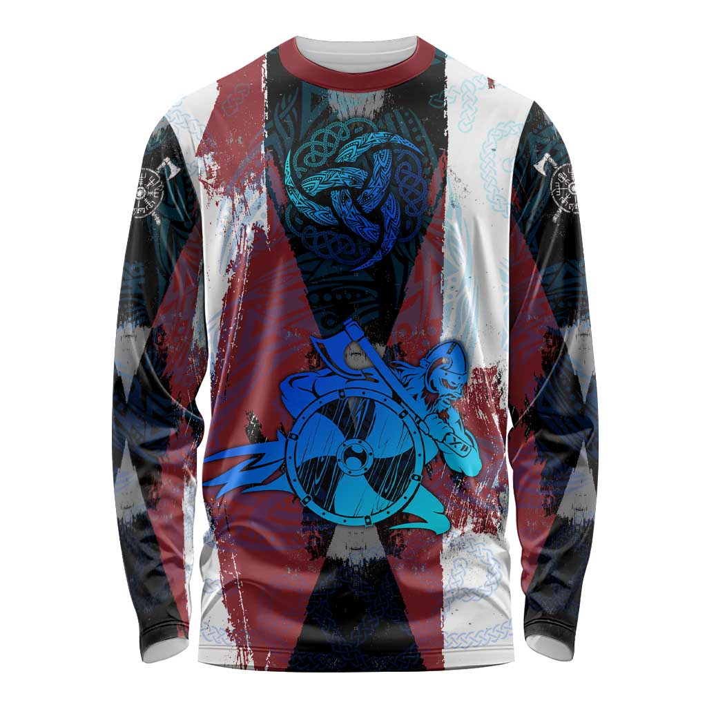 Vikings Warrior Long Sleeve Shirt with Shield, Axes and Nordic Pattern Norse Heritage Tribute - Wonder Print Shop