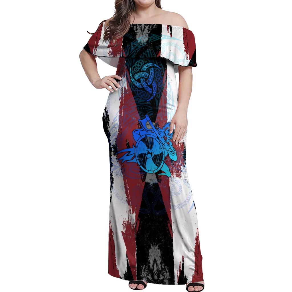 Vikings Warrior Off Shoulder Maxi Dress with Shield, Axes and Nordic Pattern Norse Heritage Tribute - Wonder Print Shop