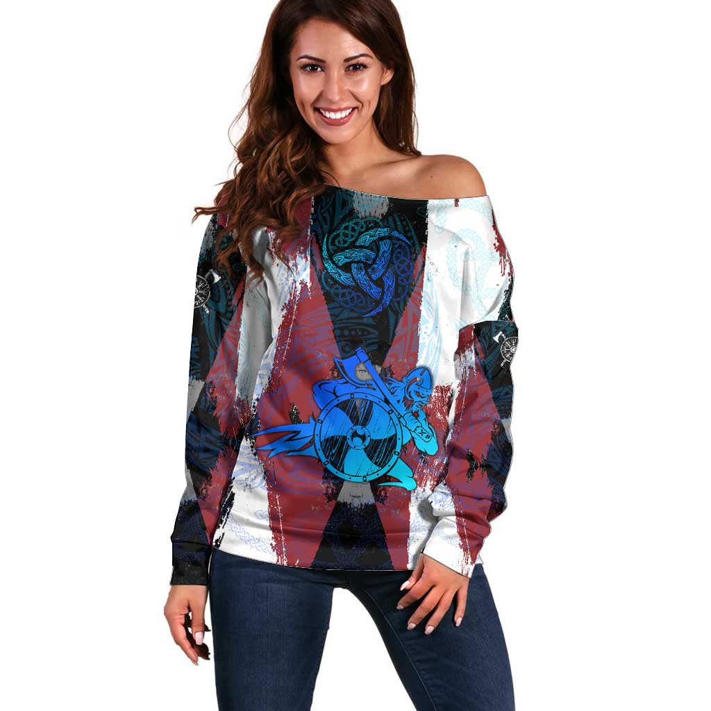 Vikings Warrior Off Shoulder Sweater with Shield, Axes and Nordic Pattern Norse Heritage Tribute - Wonder Print Shop