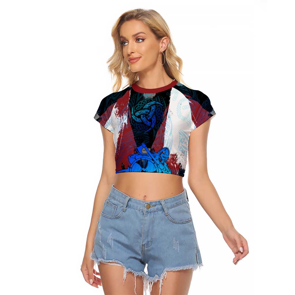 Vikings Warrior Raglan Cropped T Shirt with Shield, Axes and Nordic Pattern Norse Heritage Tribute - Wonder Print Shop