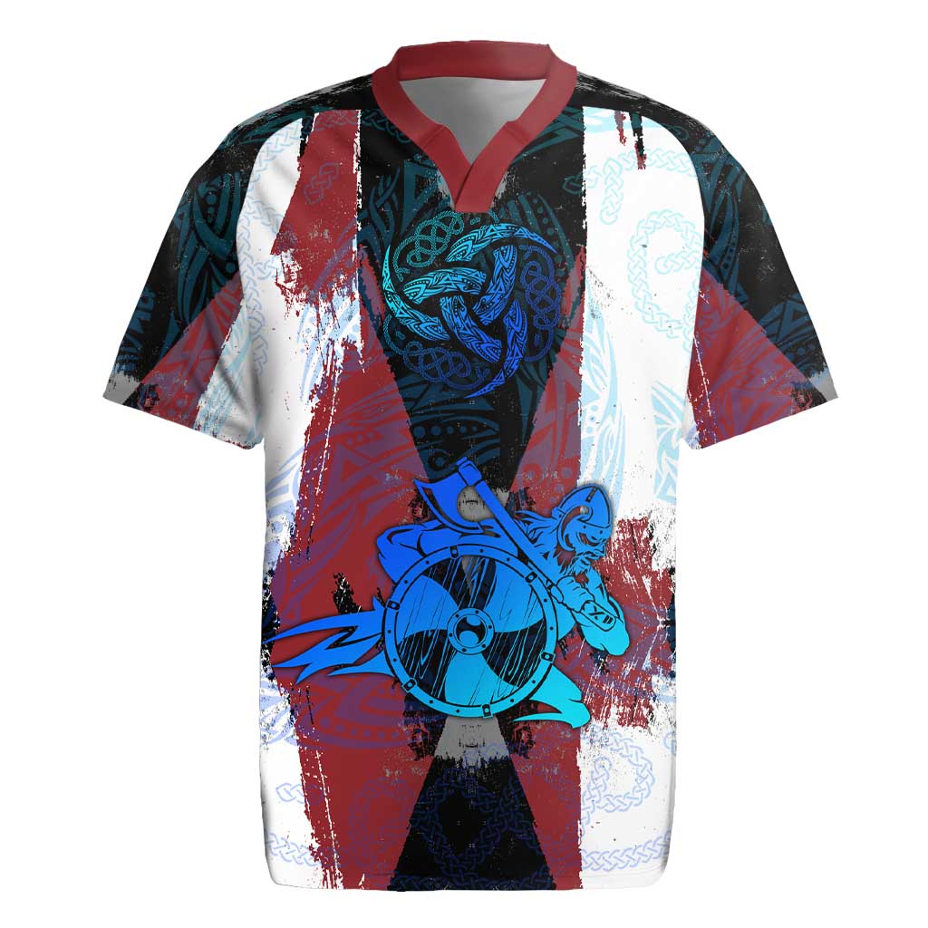 Vikings Warrior Rugby Jersey with Shield, Axes and Nordic Pattern Norse Heritage Tribute - Wonder Print Shop