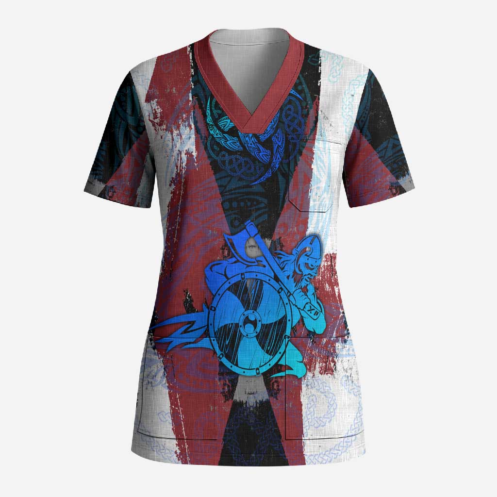 Vikings Warrior Scrub Top with Shield, Axes and Nordic Pattern Norse Heritage Tribute - Wonder Print Shop