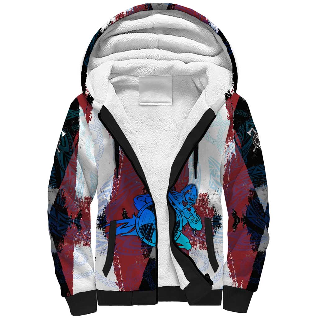 Vikings Warrior Sherpa Hoodie with Shield, Axes and Nordic Pattern Norse Heritage Tribute - Wonder Print Shop