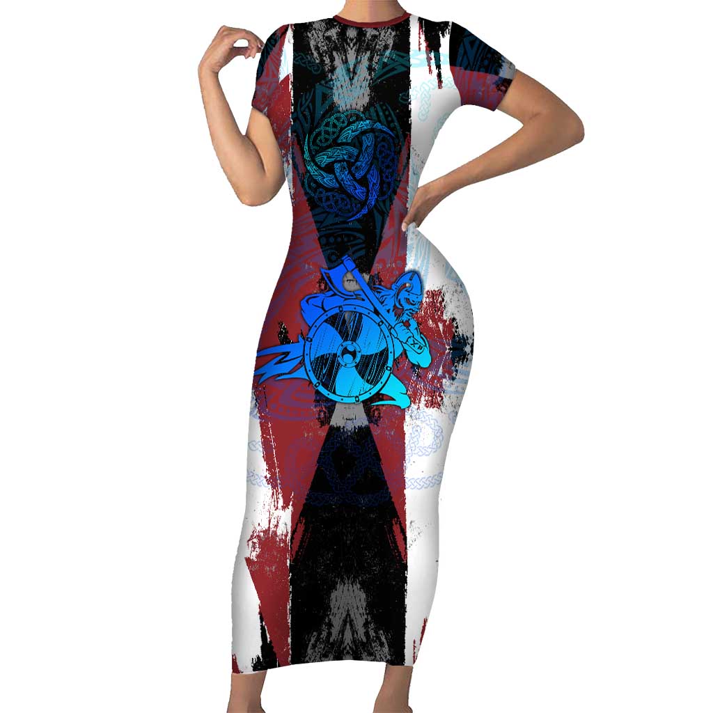 Vikings Warrior Short Sleeve Bodycon Dress with Shield, Axes and Nordic Pattern Norse Heritage Tribute - Wonder Print Shop