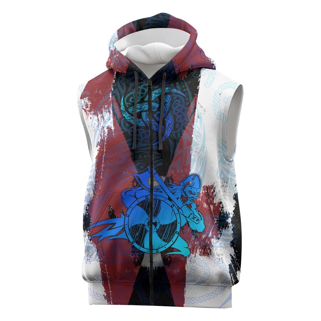 Vikings Warrior Sleeveless Zip Hoodie with Shield, Axes and Nordic Pattern Norse Heritage Tribute - Wonder Print Shop