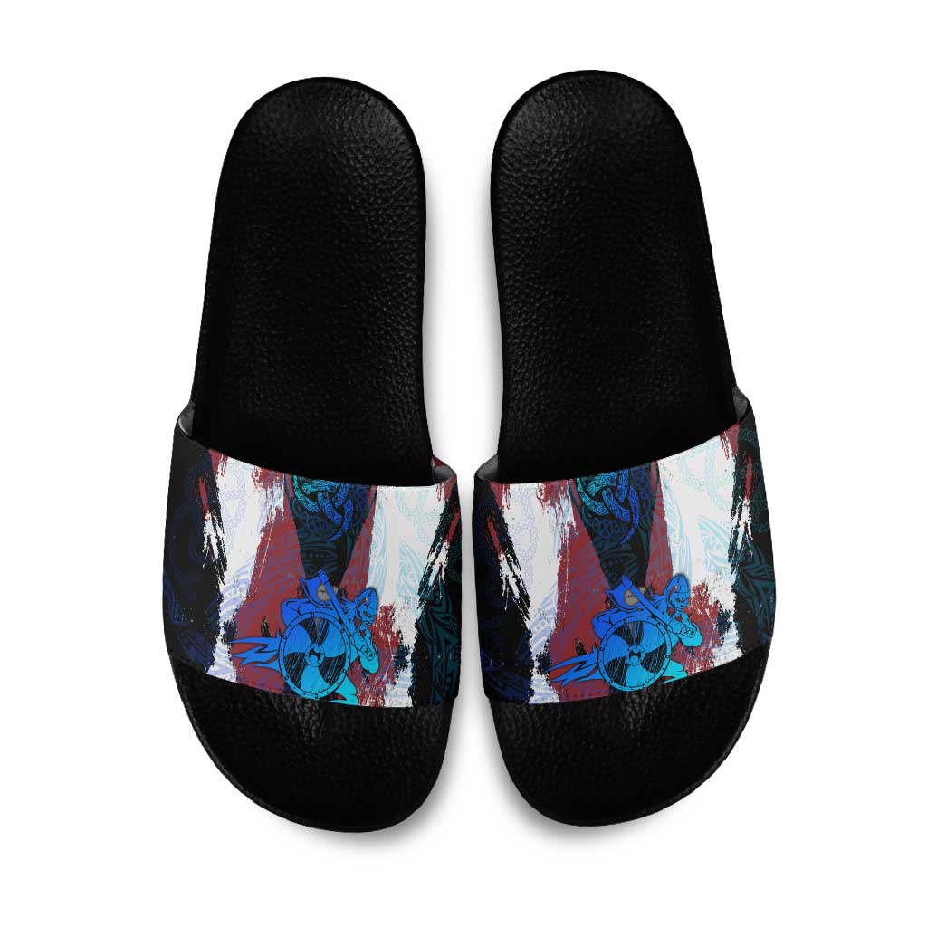 Vikings Warrior Slide Sandals with Shield, Axes and Nordic Pattern Norse Heritage Tribute - Wonder Print Shop