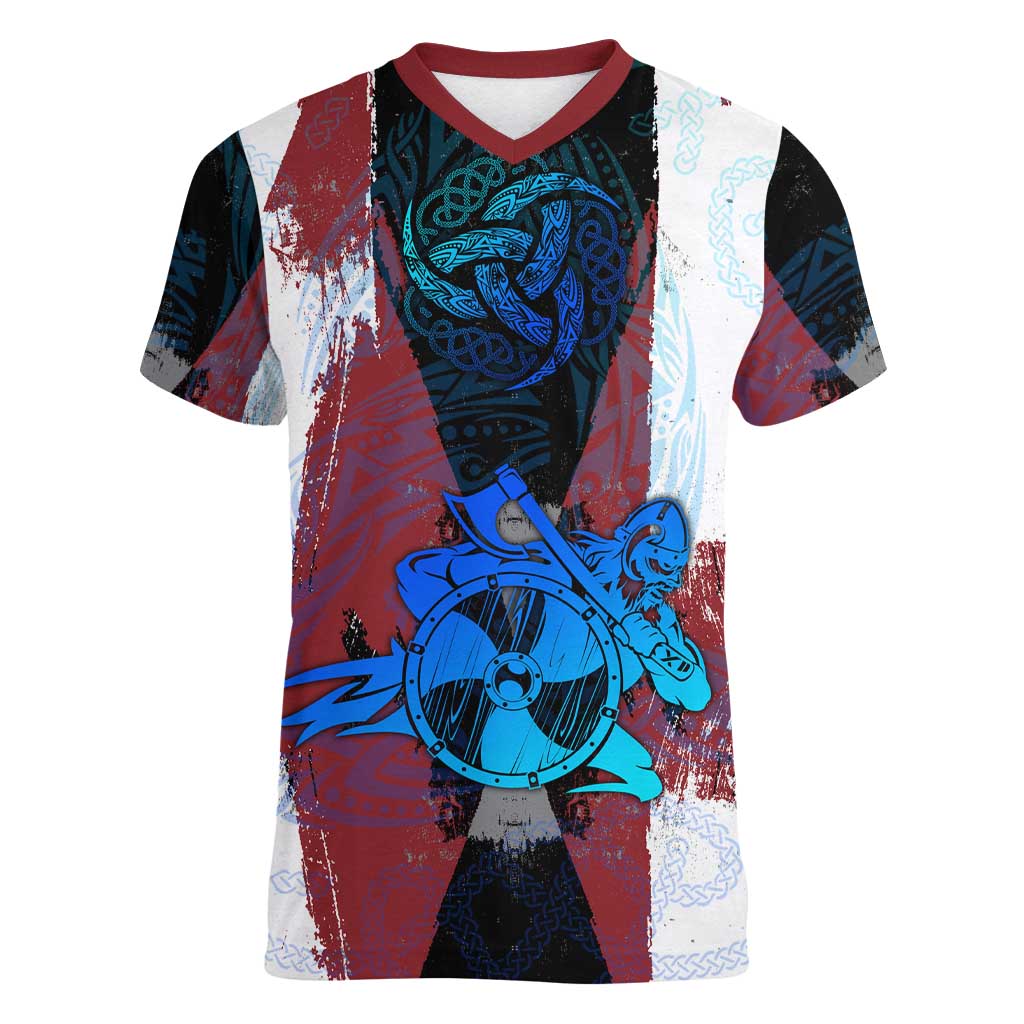 Vikings Warrior Women V-Neck T-Shirt with Shield, Axes and Nordic Pattern Norse Heritage Tribute - Wonder Print Shop