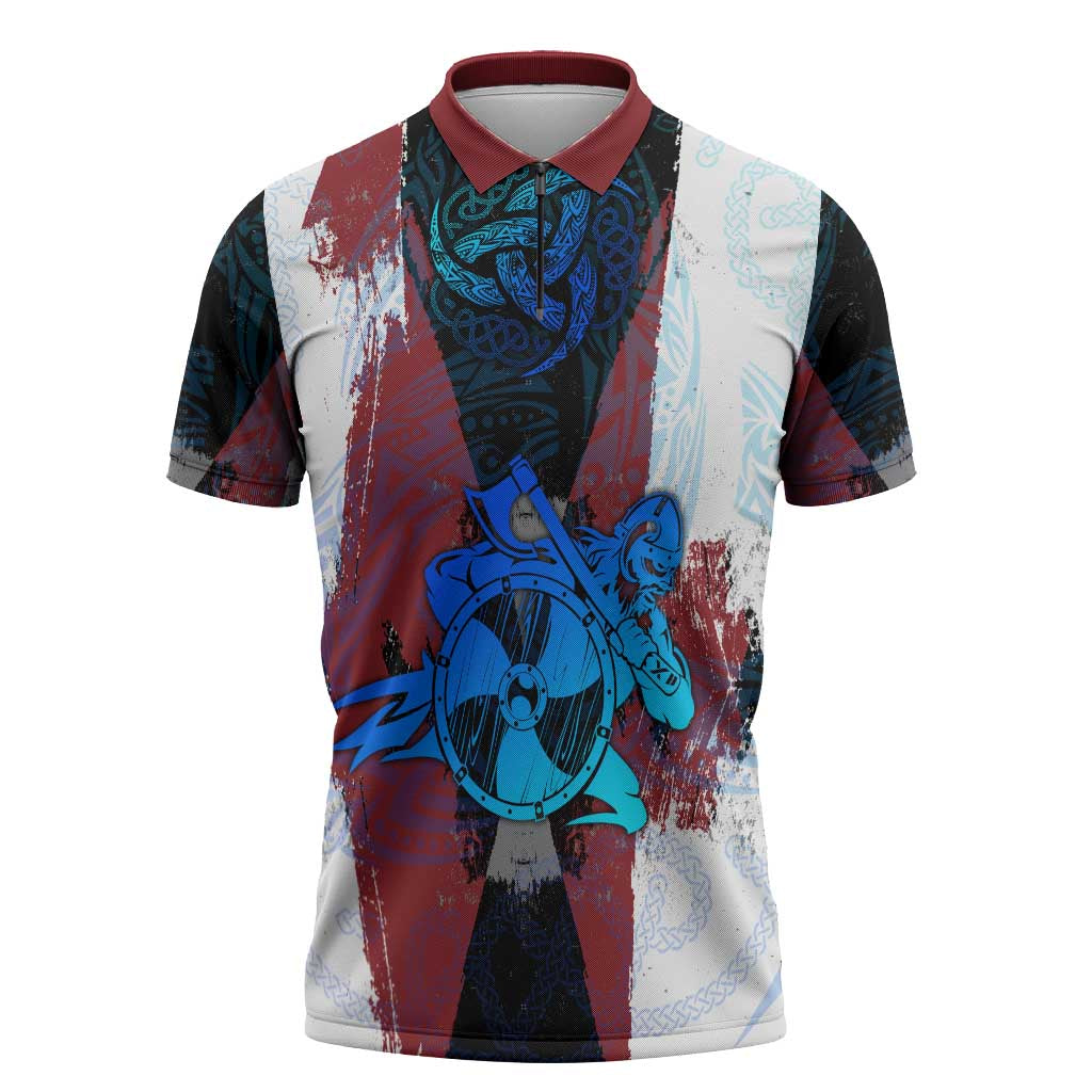 Vikings Warrior Zipper Polo Shirt with Shield, Axes and Nordic Pattern Norse Heritage Tribute - Wonder Print Shop