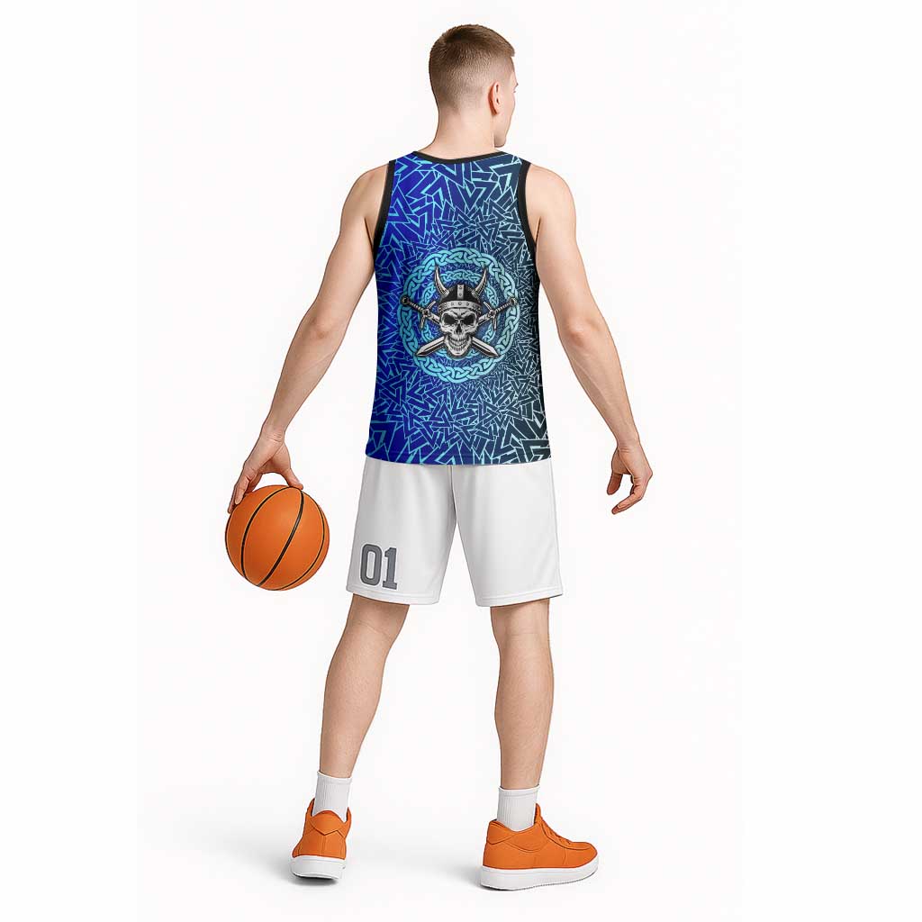 Viking Skull Basketball Jersey with Horned Helmet and Swords Nordic Warrior Tribute - Wonder Print Shop