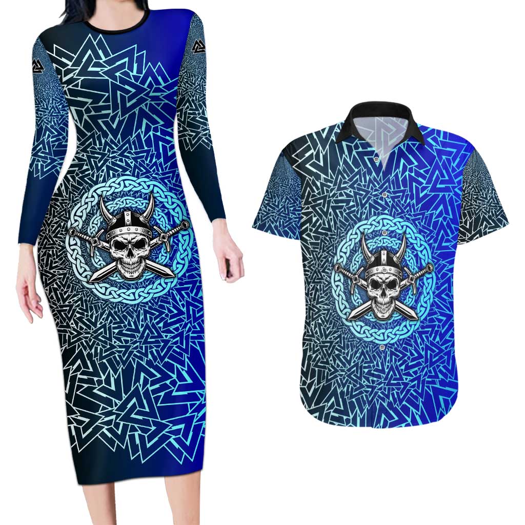 Viking Skull Couples Matching Long Sleeve Bodycon Dress and Hawaiian Shirt with Horned Helmet and Swords Nordic Warrior Tribute - Wonder Print Shop
