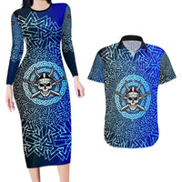 Viking Skull Couples Matching Long Sleeve Bodycon Dress and Hawaiian Shirt with Horned Helmet and Swords Nordic Warrior Tribute - Wonder Print Shop