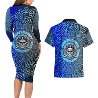 Viking Skull Couples Matching Long Sleeve Bodycon Dress and Hawaiian Shirt with Horned Helmet and Swords Nordic Warrior Tribute - Wonder Print Shop