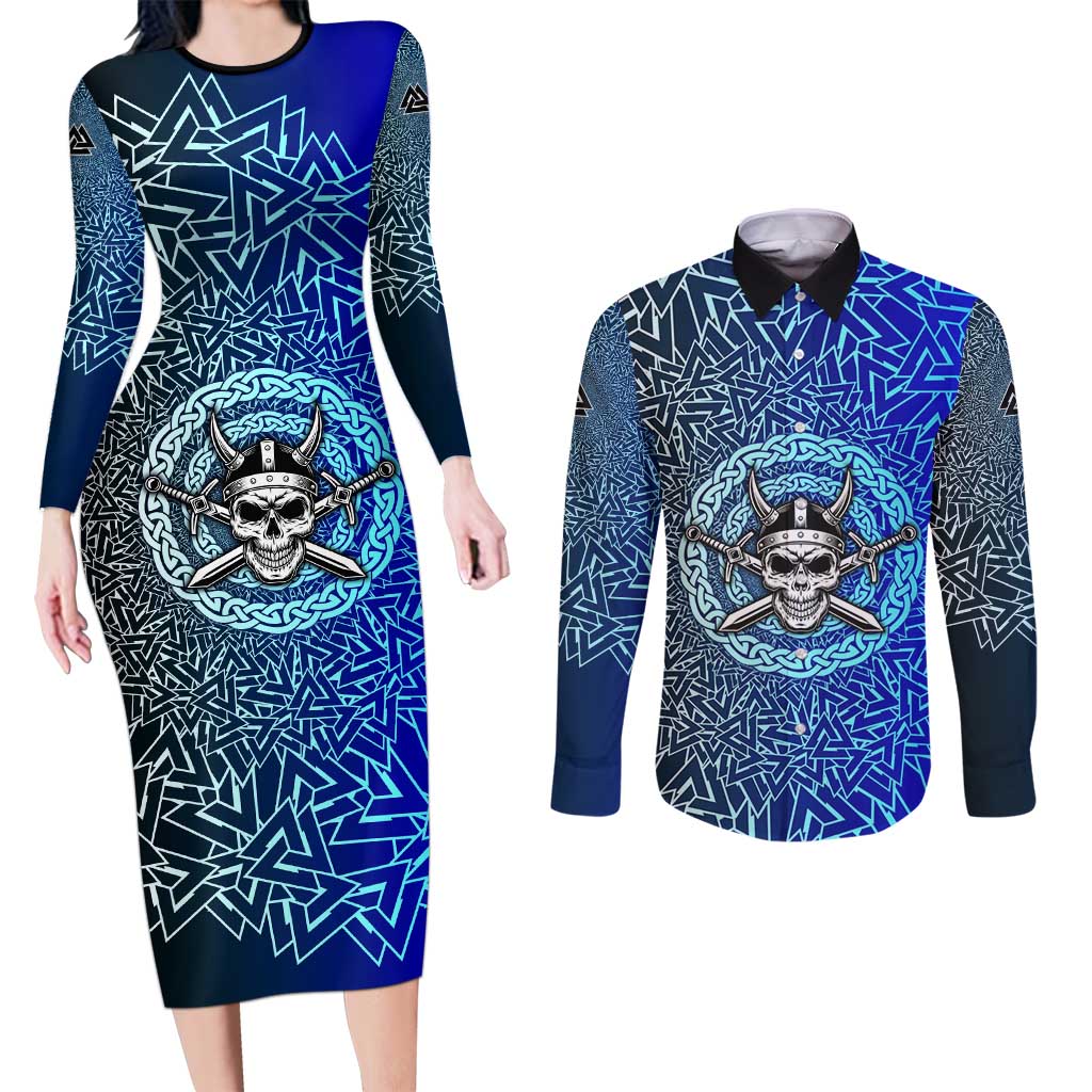 Viking Skull Couples Matching Long Sleeve Bodycon Dress and Long Sleeve Button Shirt with Horned Helmet and Swords Nordic Warrior Tribute - Wonder Print Shop