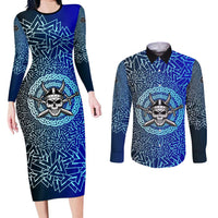 Viking Skull Couples Matching Long Sleeve Bodycon Dress and Long Sleeve Button Shirt with Horned Helmet and Swords Nordic Warrior Tribute - Wonder Print Shop