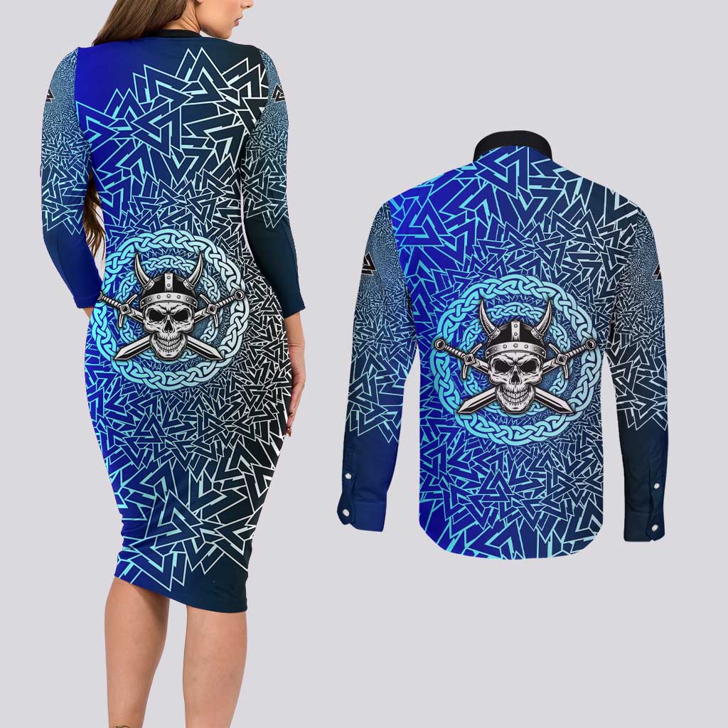 Viking Skull Couples Matching Long Sleeve Bodycon Dress and Long Sleeve Button Shirt with Horned Helmet and Swords Nordic Warrior Tribute - Wonder Print Shop