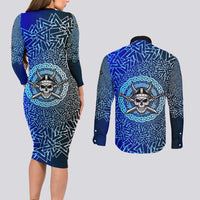 Viking Skull Couples Matching Long Sleeve Bodycon Dress and Long Sleeve Button Shirt with Horned Helmet and Swords Nordic Warrior Tribute - Wonder Print Shop