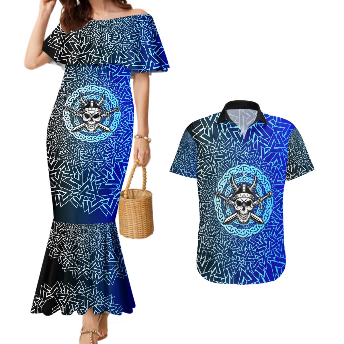 Viking Skull Couples Matching Mermaid Dress and Hawaiian Shirt with Horned Helmet and Swords Nordic Warrior Tribute - Wonder Print Shop