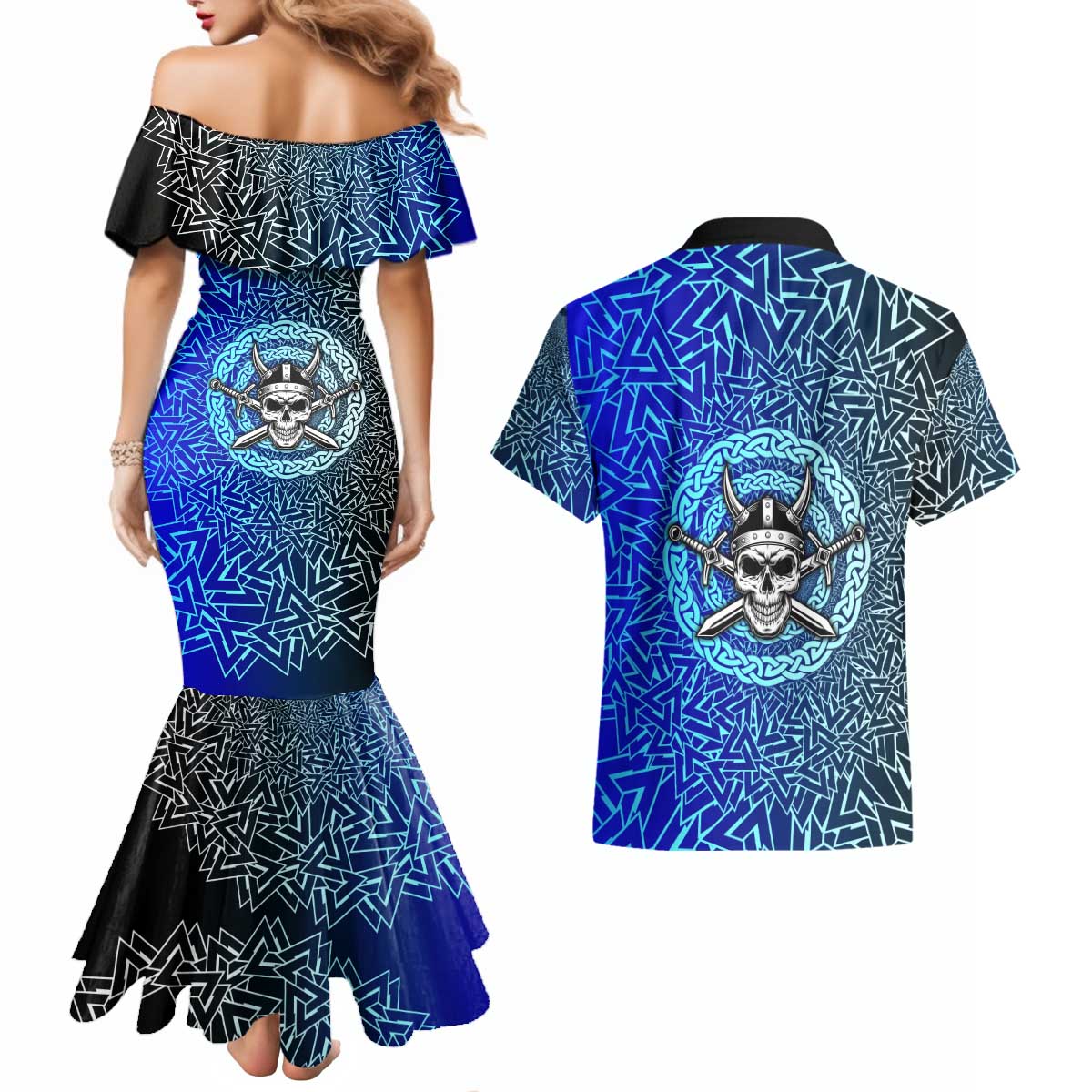 Viking Skull Couples Matching Mermaid Dress and Hawaiian Shirt with Horned Helmet and Swords Nordic Warrior Tribute - Wonder Print Shop