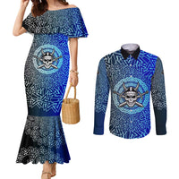 Viking Skull Couples Matching Mermaid Dress and Long Sleeve Button Shirt with Horned Helmet and Swords Nordic Warrior Tribute - Wonder Print Shop