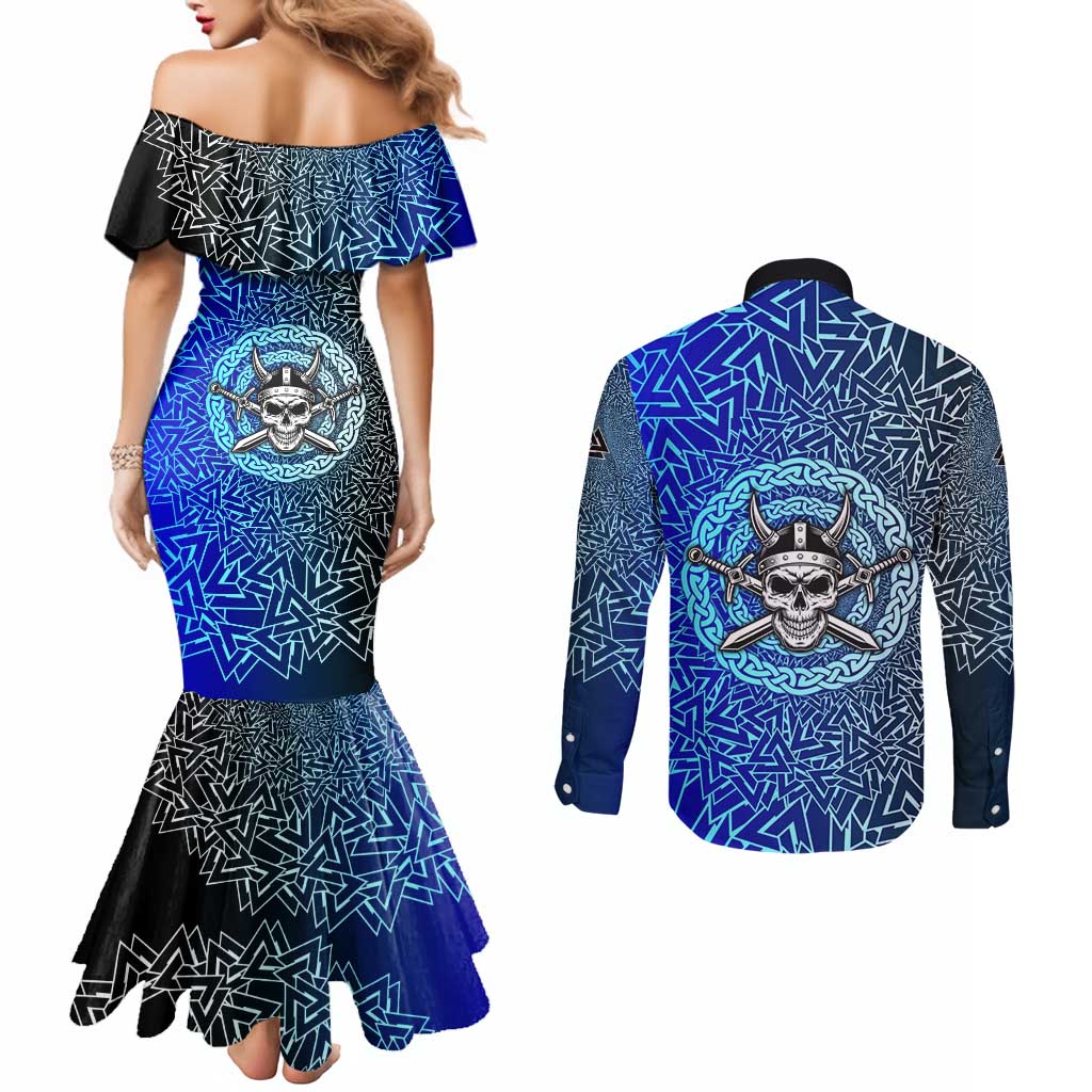 Viking Skull Couples Matching Mermaid Dress and Long Sleeve Button Shirt with Horned Helmet and Swords Nordic Warrior Tribute - Wonder Print Shop