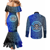 Viking Skull Couples Matching Mermaid Dress and Long Sleeve Button Shirt with Horned Helmet and Swords Nordic Warrior Tribute - Wonder Print Shop