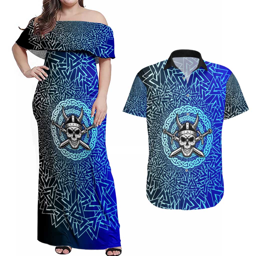 Viking Skull Couples Matching Off Shoulder Maxi Dress and Hawaiian Shirt with Horned Helmet and Swords Nordic Warrior Tribute - Wonder Print Shop