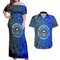 Viking Skull Couples Matching Off Shoulder Maxi Dress and Hawaiian Shirt with Horned Helmet and Swords Nordic Warrior Tribute - Wonder Print Shop