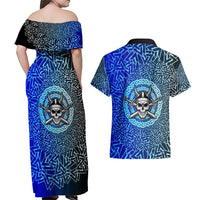 Viking Skull Couples Matching Off Shoulder Maxi Dress and Hawaiian Shirt with Horned Helmet and Swords Nordic Warrior Tribute - Wonder Print Shop