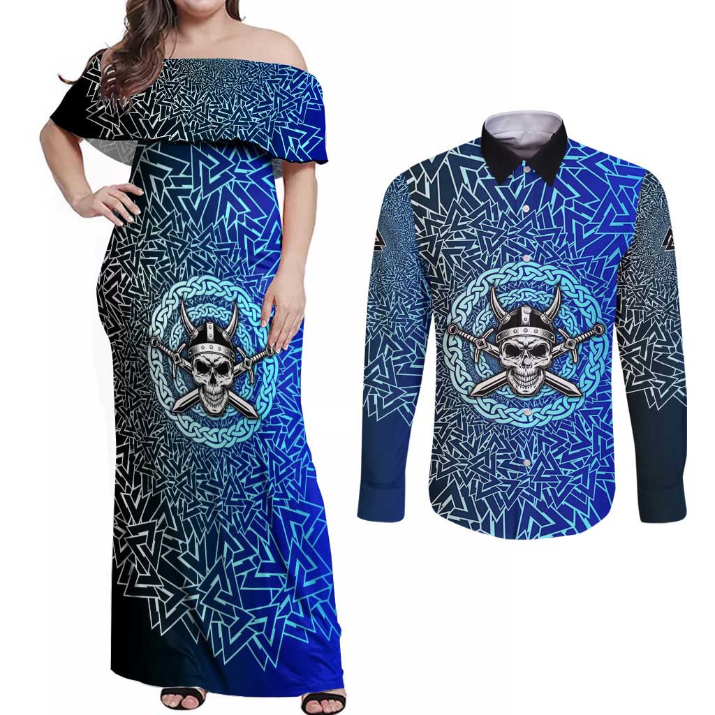 Viking Skull Couples Matching Off Shoulder Maxi Dress and Long Sleeve Button Shirt with Horned Helmet and Swords Nordic Warrior Tribute - Wonder Print Shop