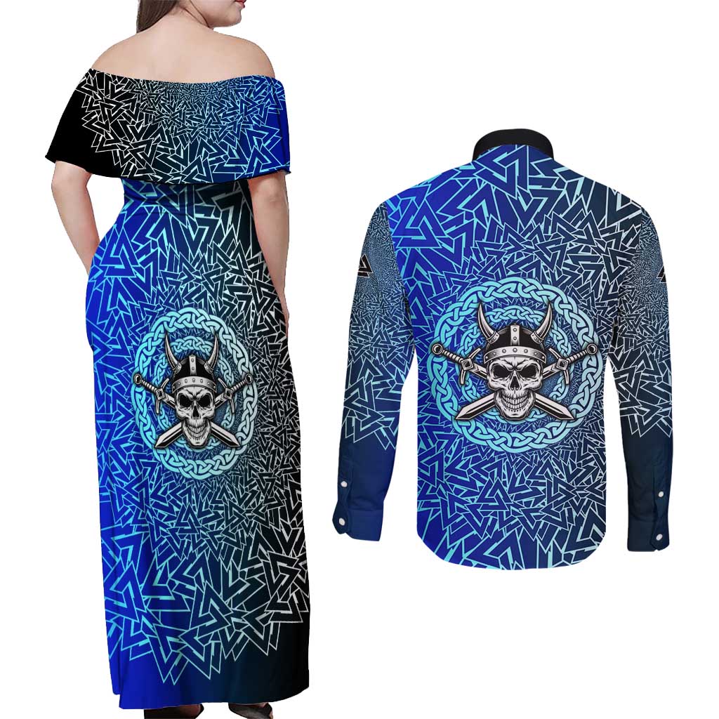 Viking Skull Couples Matching Off Shoulder Maxi Dress and Long Sleeve Button Shirt with Horned Helmet and Swords Nordic Warrior Tribute - Wonder Print Shop