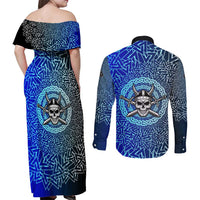 Viking Skull Couples Matching Off Shoulder Maxi Dress and Long Sleeve Button Shirt with Horned Helmet and Swords Nordic Warrior Tribute - Wonder Print Shop