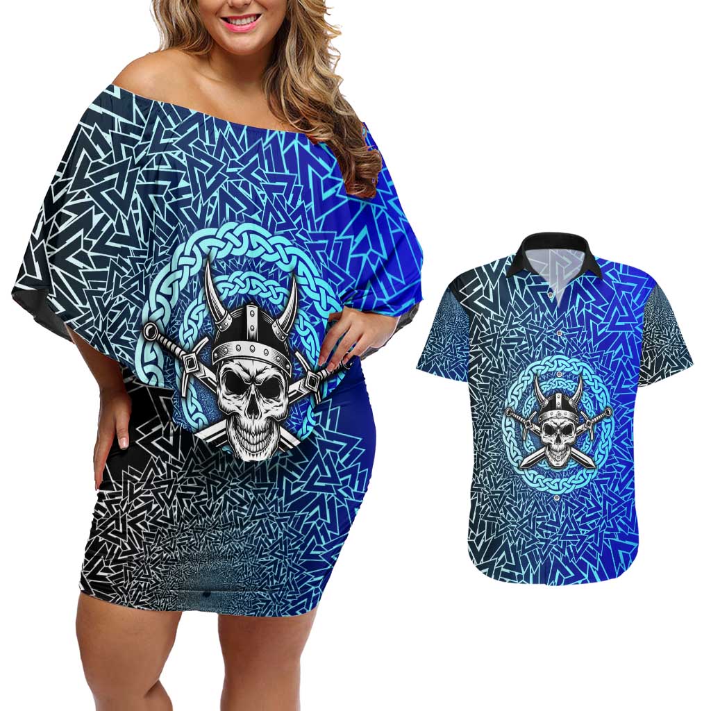 Viking Skull Couples Matching Off Shoulder Short Dress and Hawaiian Shirt with Horned Helmet and Swords Nordic Warrior Tribute - Wonder Print Shop
